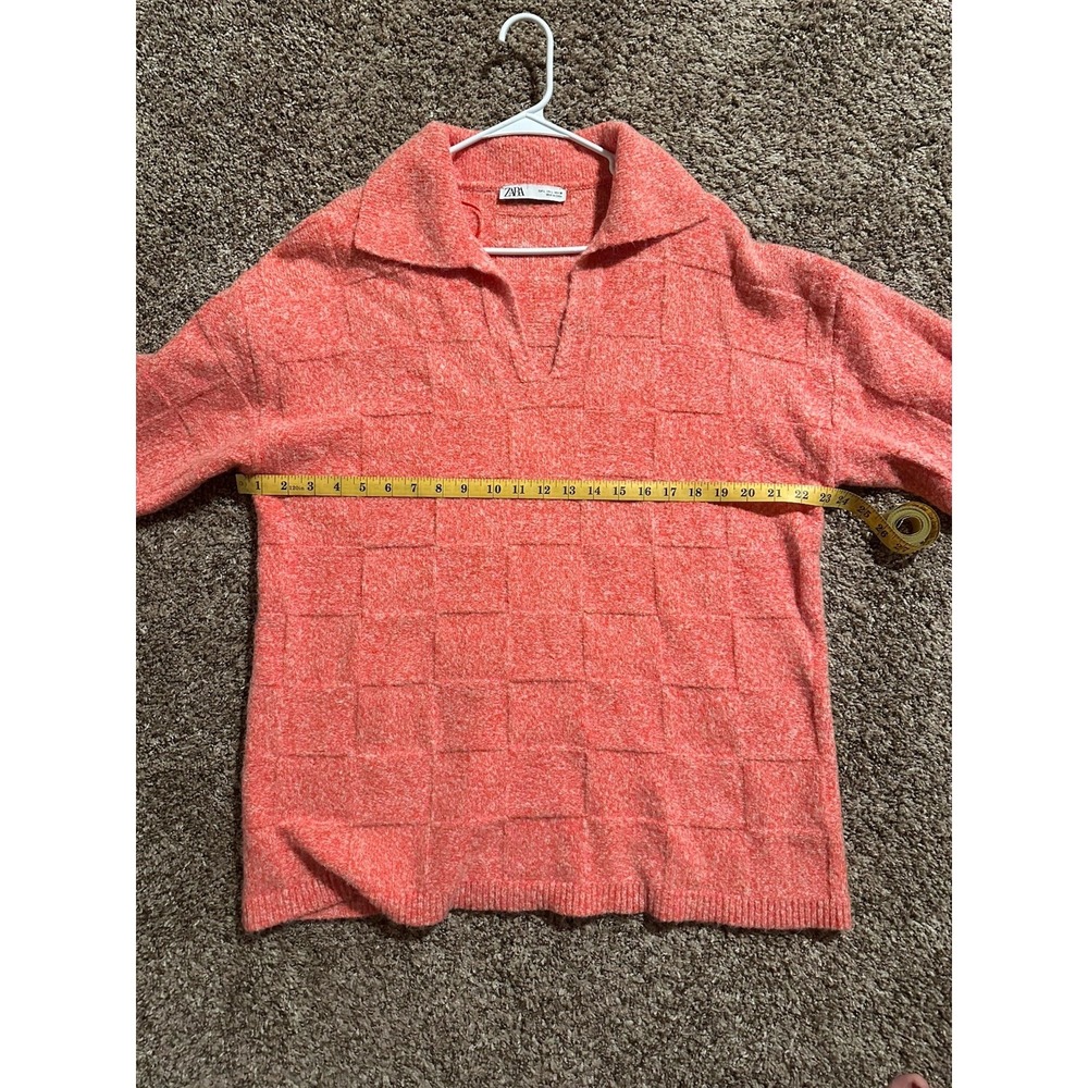 ZARA Pink Orange Heathered Checkered Boxy V-Neck Sweater SZ L - Picture 5 of 6